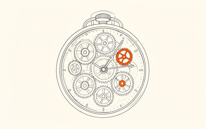一只透明外壳的机械钟表，内部多枚齿轮互相咬合，摆轮与发条清晰可见，整机协作运转