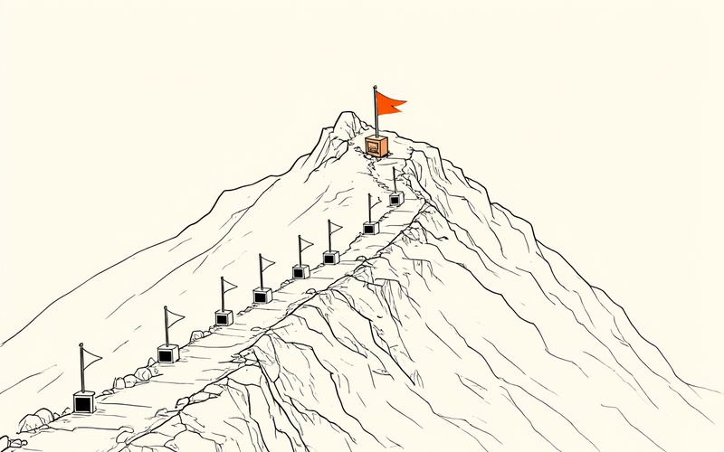 登山路线沿途插着一排小旗，每面旗下有一个小储物盒