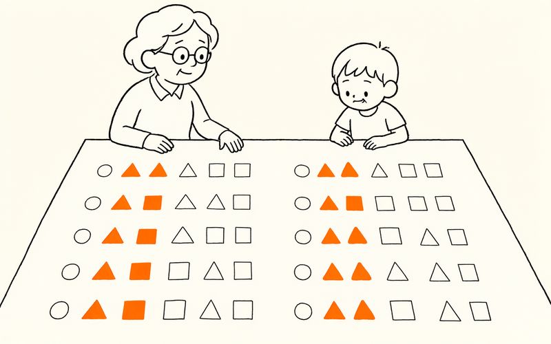 小学生跟着老师的示范句一行行跟读，老师写的句子与学生抄的句子同色对齐