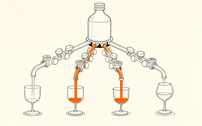 调酒师工作台上，一壶基酒分出四根管子，每根管子中途装着不同的旋钮与滤网，末端接四只形状各异的杯子